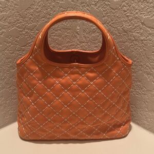 Salvatore Ferragamo Quilted Tote Bag Coral Orange With White Contrast Stitch